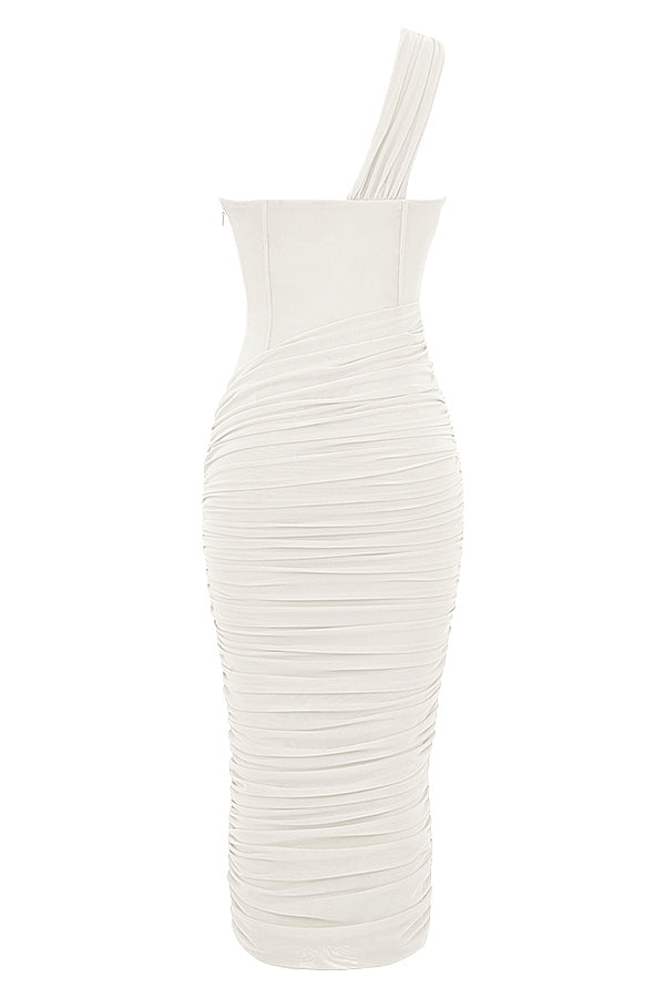 Valentina ivory asymmetric cutout midi dress