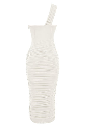 Valentina ivory asymmetric cutout midi dress