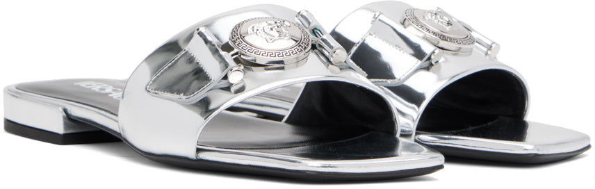 Versace Silver Medusa Buckle Metallic Mules
