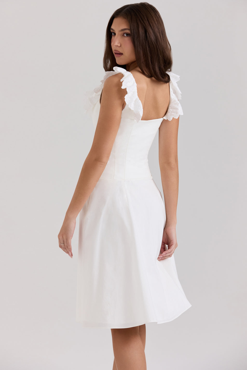 Mathilde white cotton broderie anglaise trim midi dress