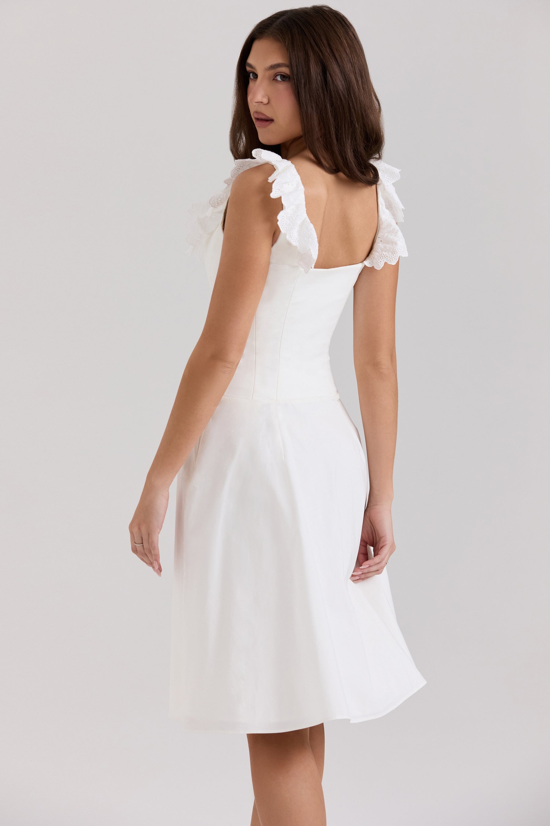 Mathilde white cotton broderie anglaise trim midi dress