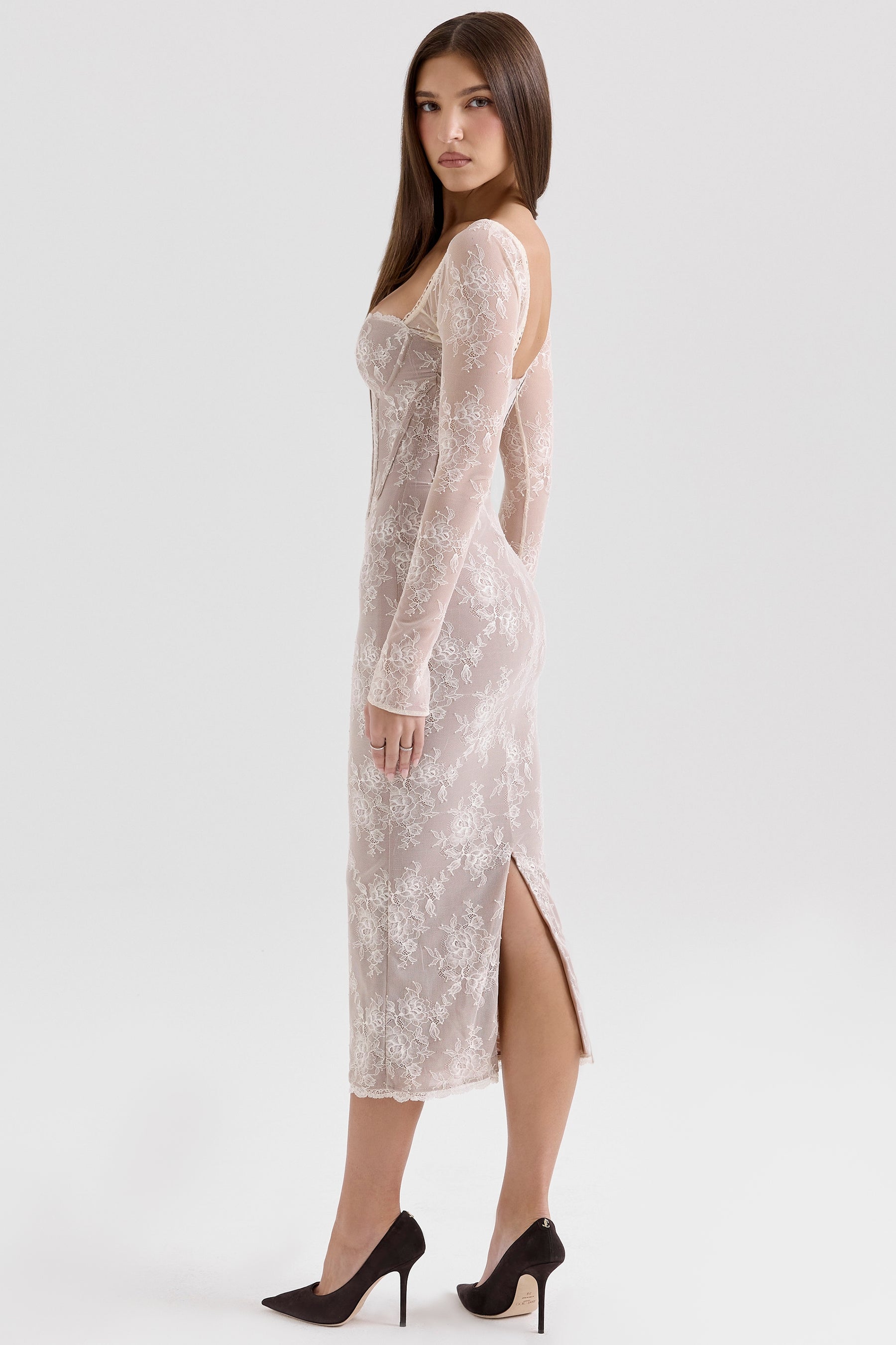 Saisha ivory lace long sleeve midi dress