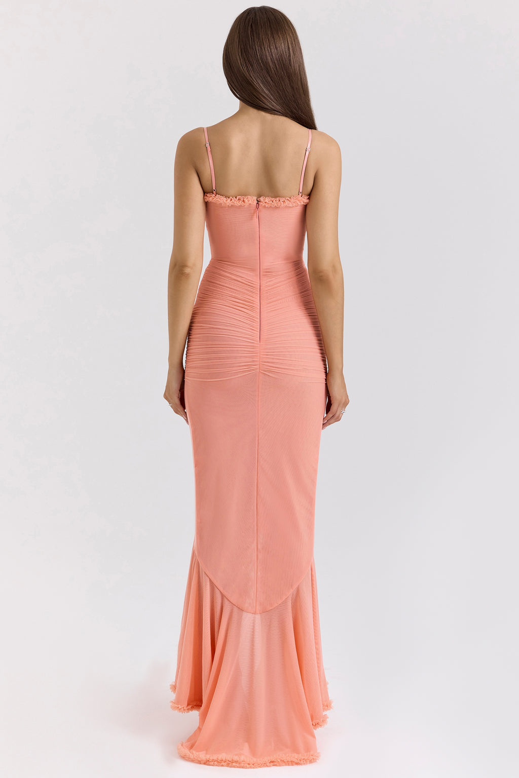 Gabbi peach mesh ruffled front gown