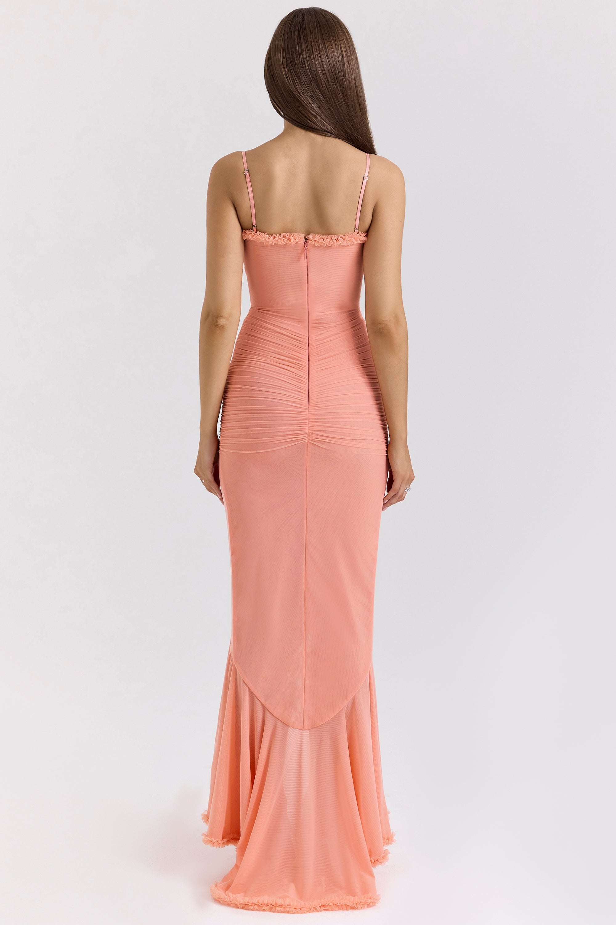 Gabbi peach mesh ruffled front gown