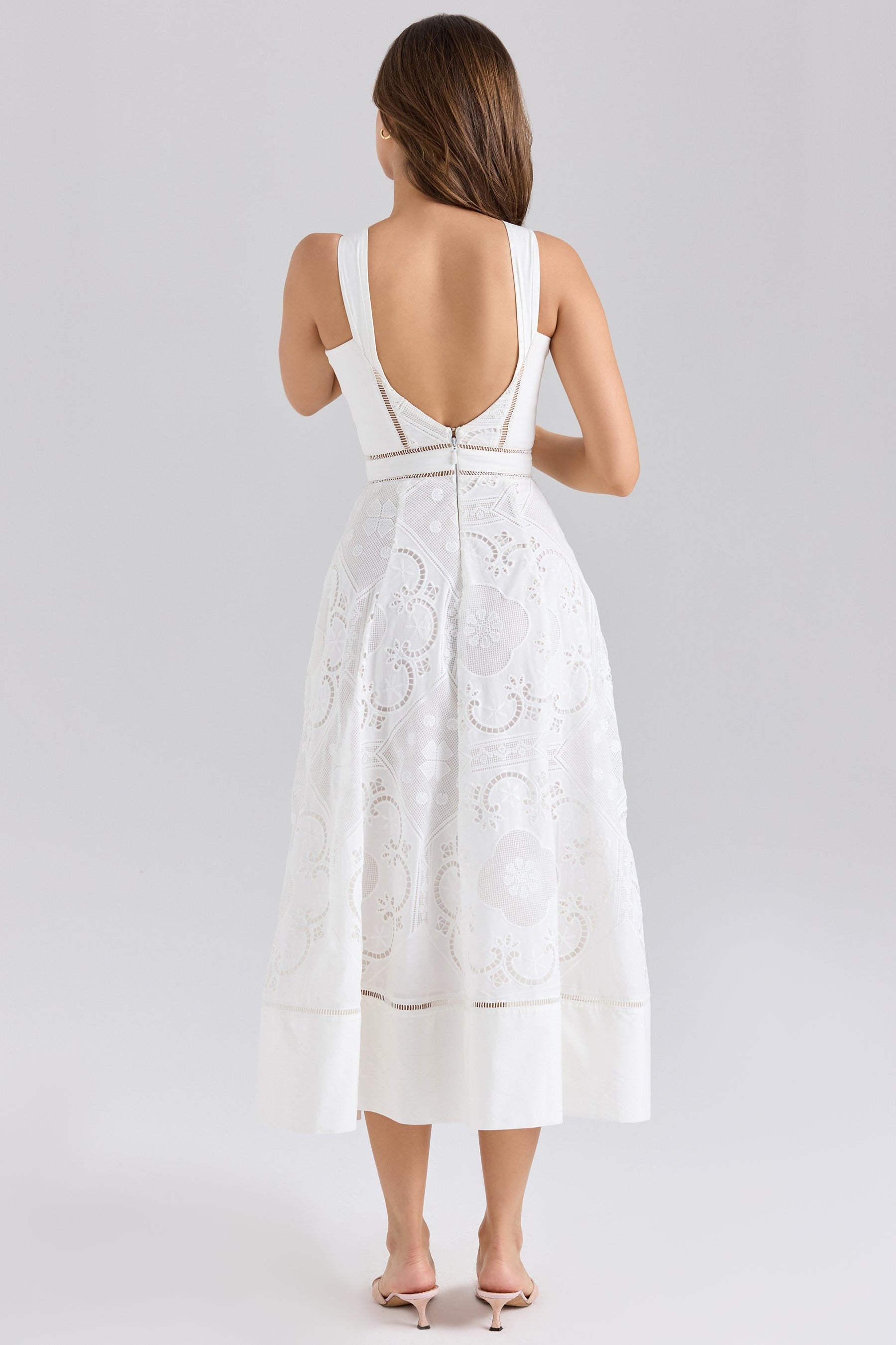 Ava white stretch cotton broderie anglaise midi dress