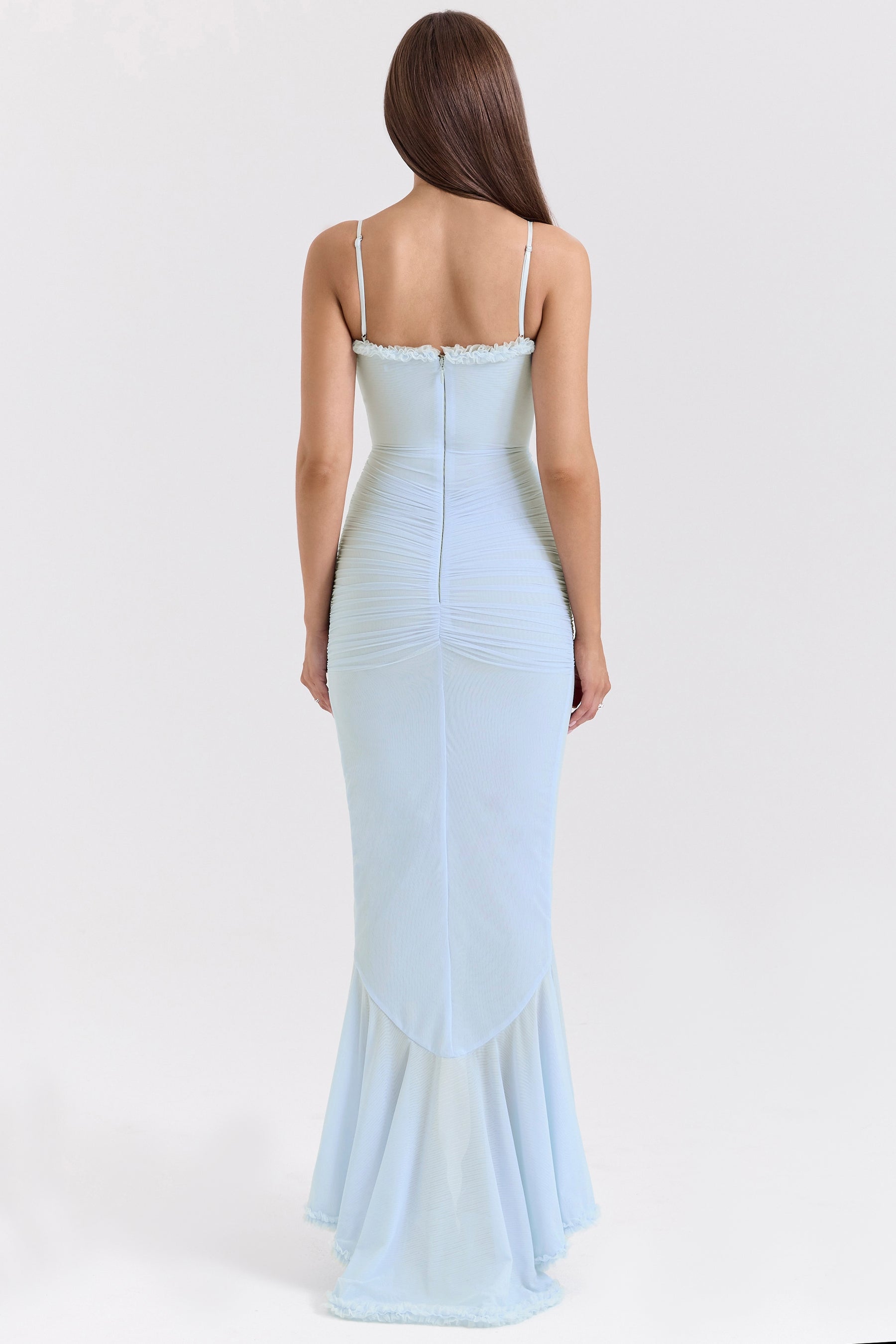 Gabbi ice blue mesh ruffled front gown Bridesmaid Collection