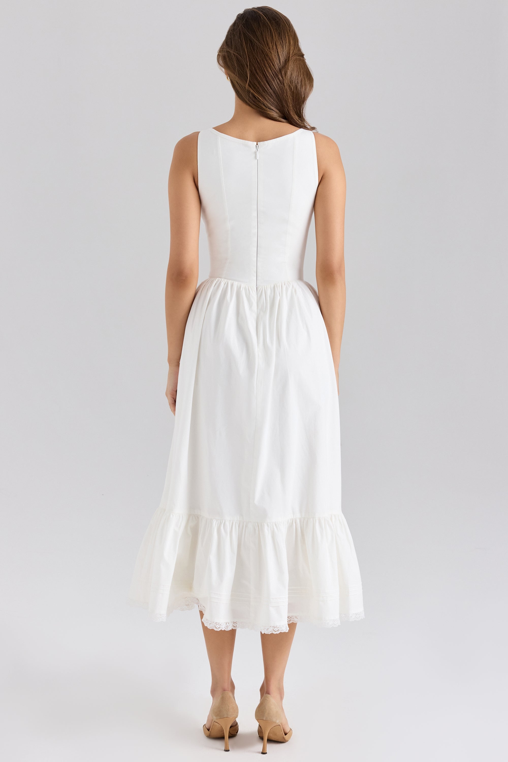 Sienna white stretch cotton lace up midi dress