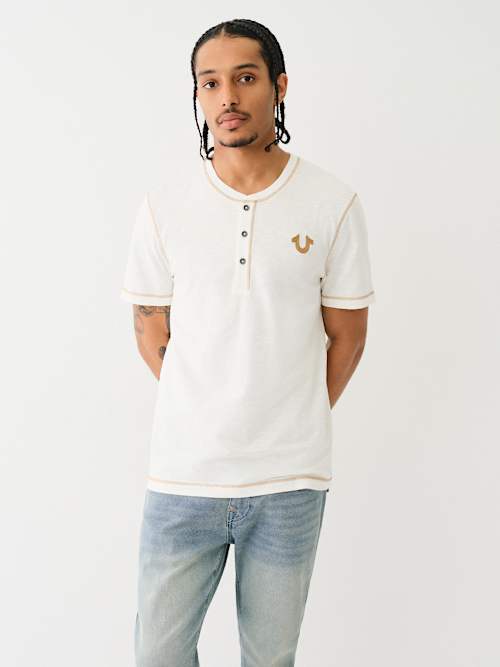 CONTRAST STITCH SLUB HENLEY TEE
