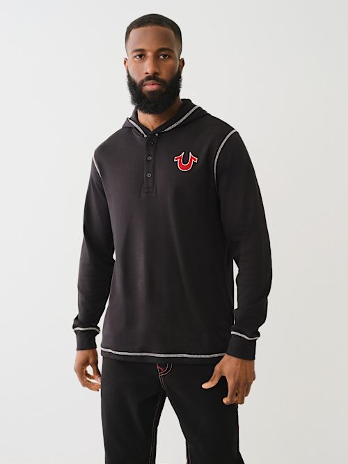 FLOCKED LOGO HOODED HENLEY TEE