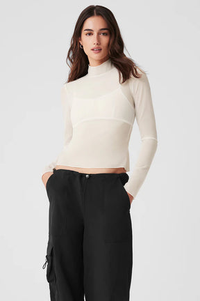 Mesh Sheer Illusion Mock Neck Long Sleeve