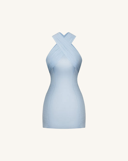 Satin Mini Dress with Tulle Cross-Halter - Blue