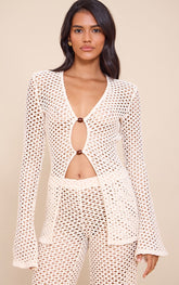 Stone Crochet Bead Detail Long Sleeve Beach Top