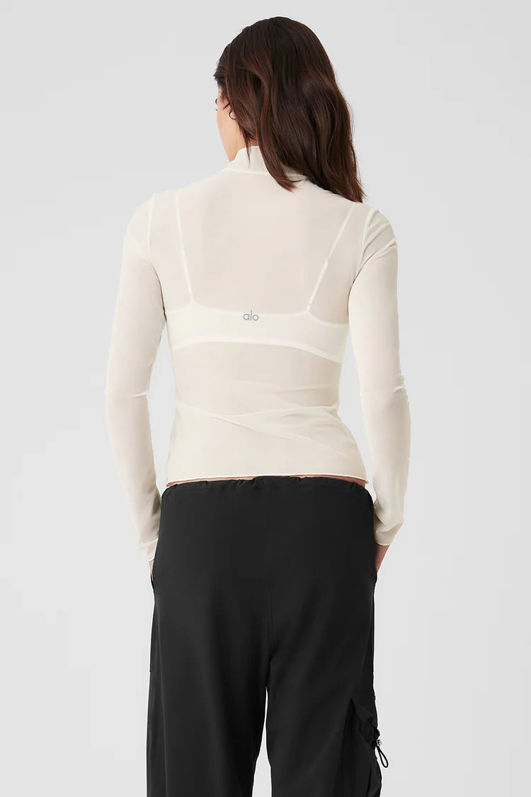 Mesh Sheer Illusion Mock Neck Long Sleeve