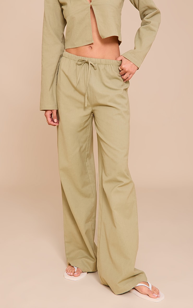 Khaki Wide Leg Drawstring Trousers