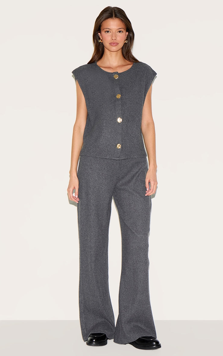 Dark Grey Brushed Rib Low Rise Straight Trousers