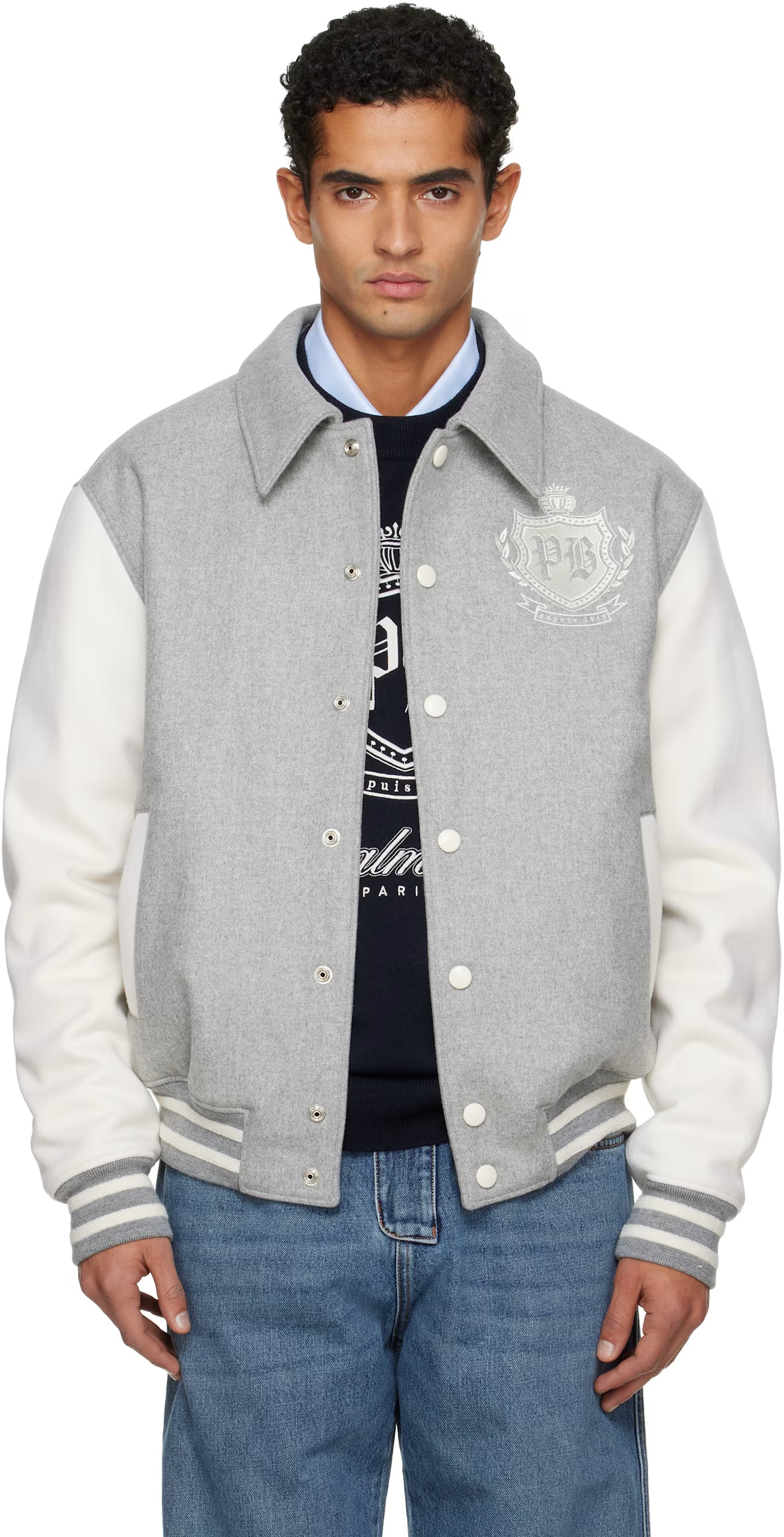 Gray Bicolor Wool Varsity Bomber Jacket