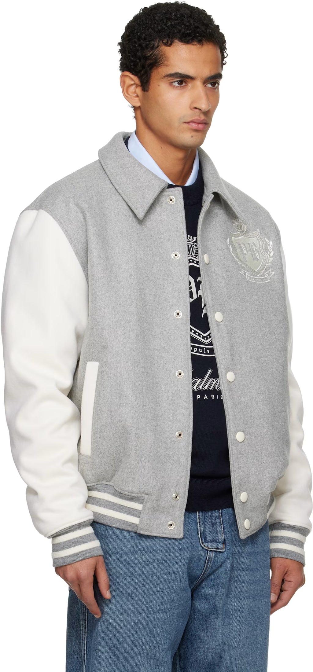Gray Bicolor Wool Varsity Bomber Jacket