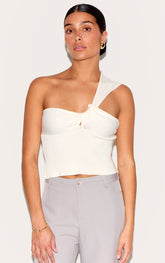 Petite Cream Knitted One Shoulder Bow Top