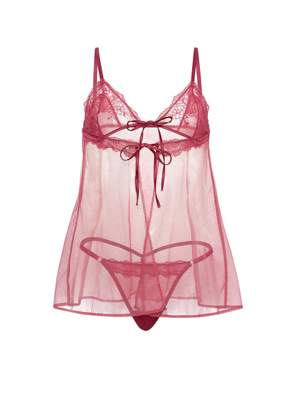 Sheer Rose Lace Triangle Babydoll Set