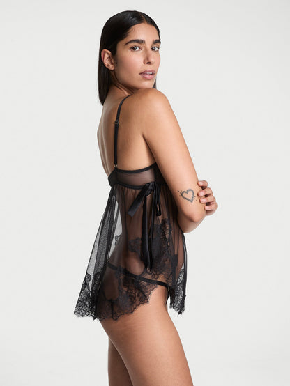 Wicked Sheer Unlined Lace-Trim Babydoll Set