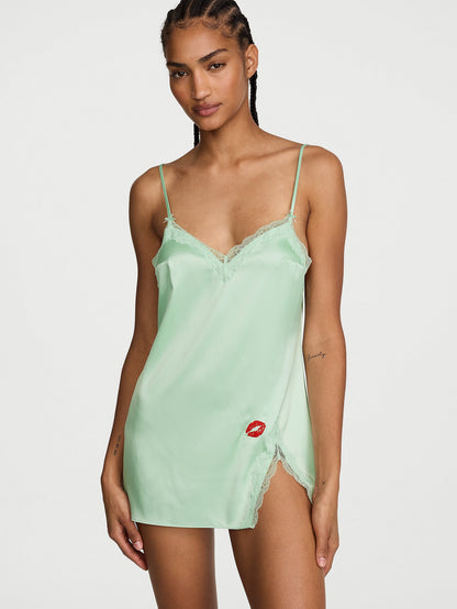 Tease Satin Lace-Trim Mini Slip Dress
