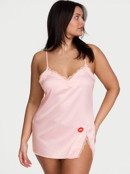 Tease Satin Lace-Trim Mini Slip Dress