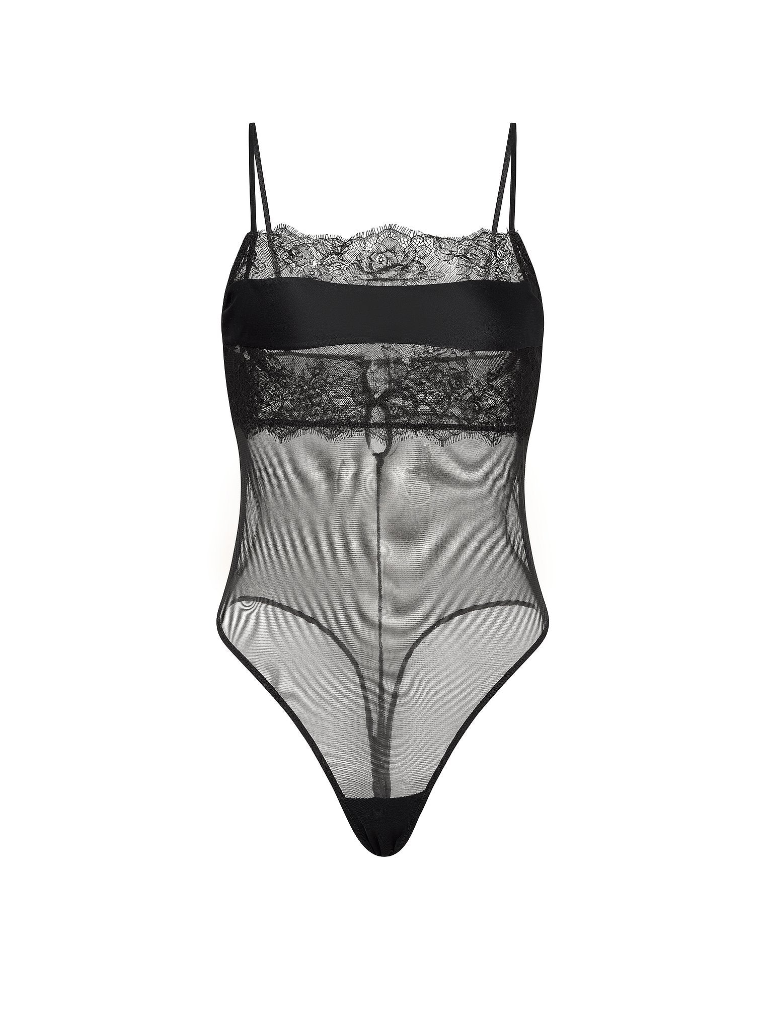 Rose Lace & Mesh Straight-Neck Bodysuit