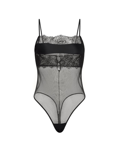 Rose Lace & Mesh Straight-Neck Bodysuit
