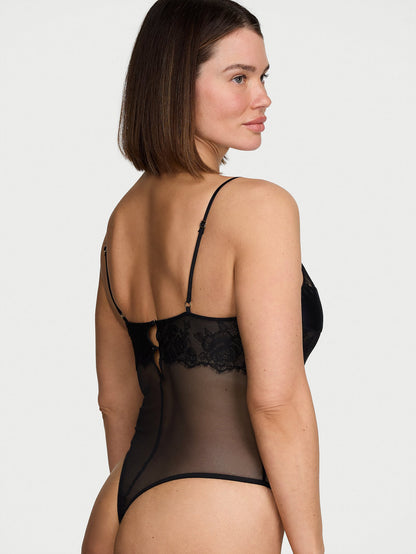 Rose Lace & Mesh Straight-Neck Bodysuit