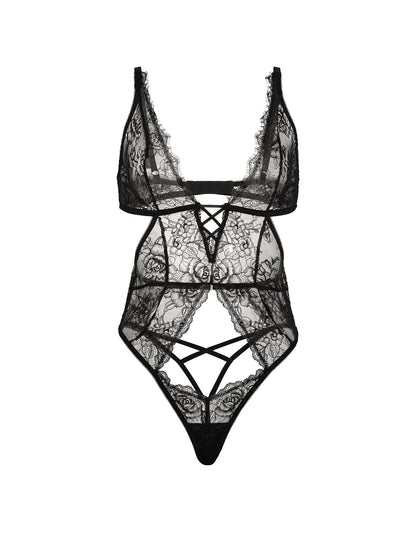 Rose Lace Plunge Crotchless Teddy