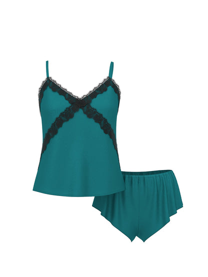 Satin Rose Lace-Trim Cami & Flutter Short Set