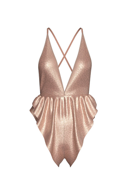 Leopard Jacquard Satin Flutter Romper
