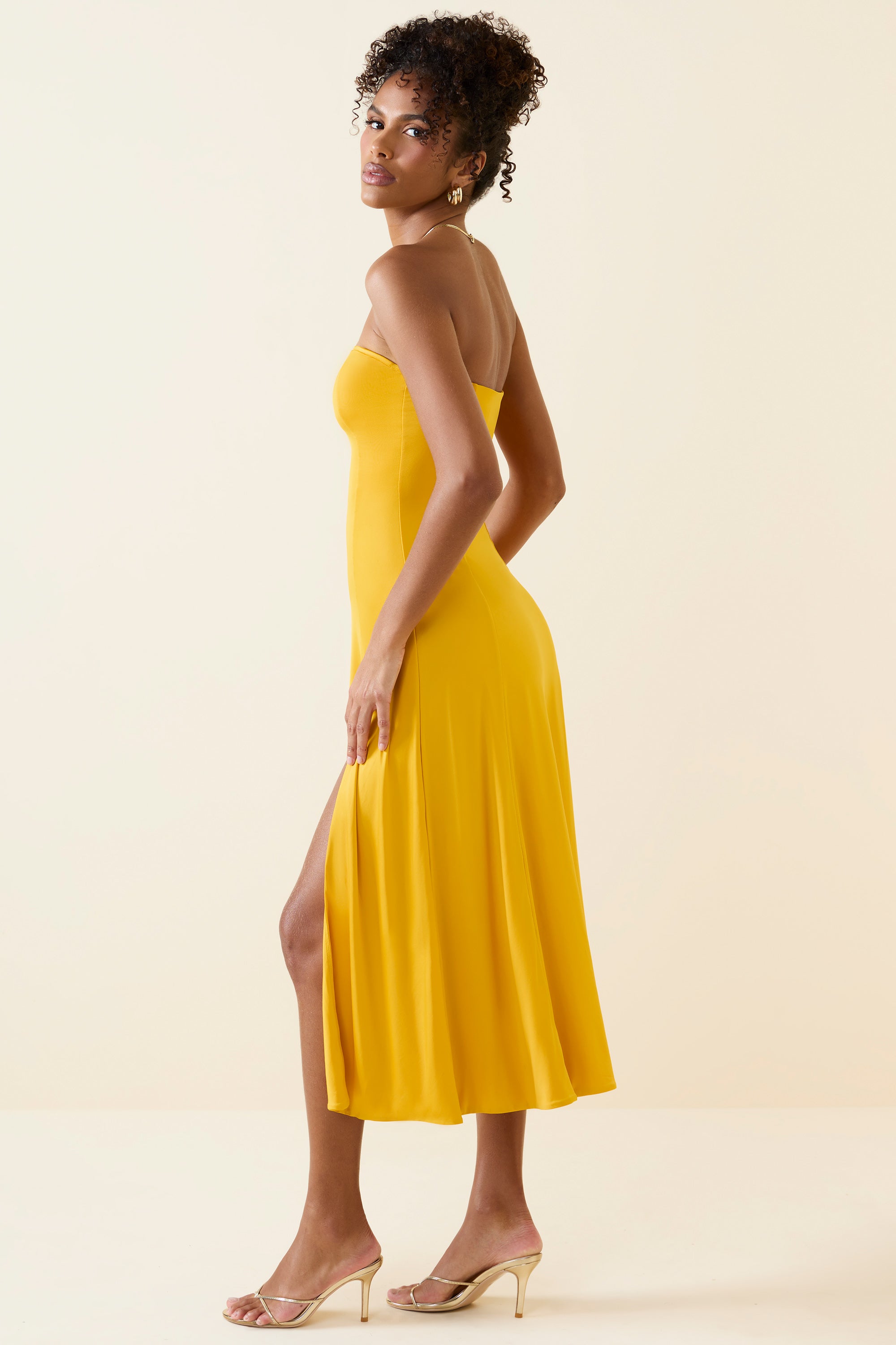 Slinky Jersey Strapless A-Line Midaxi Dress in Golden Yellow