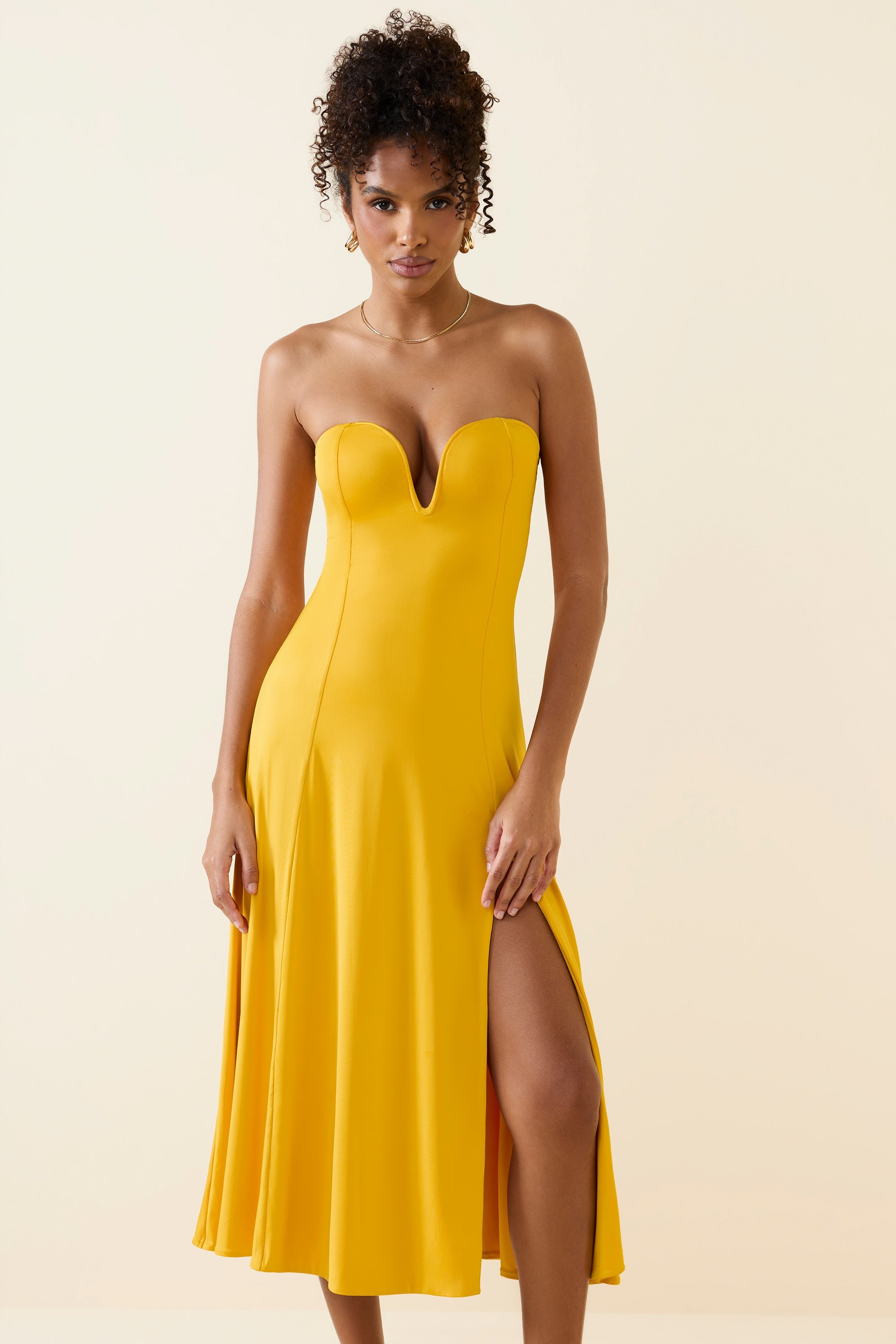 Slinky Jersey Strapless A-Line Midaxi Dress in Golden Yellow