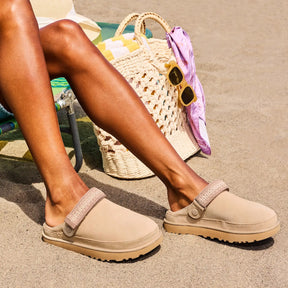 UGG Women's Goldenstar Suede Platform Clog with Adjustable Heel Strap – Lightweight & Eco-Friendly Comfort