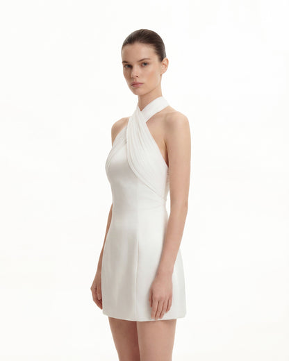 Satin Mini Dress with Tulle Cross-Halter - Blue