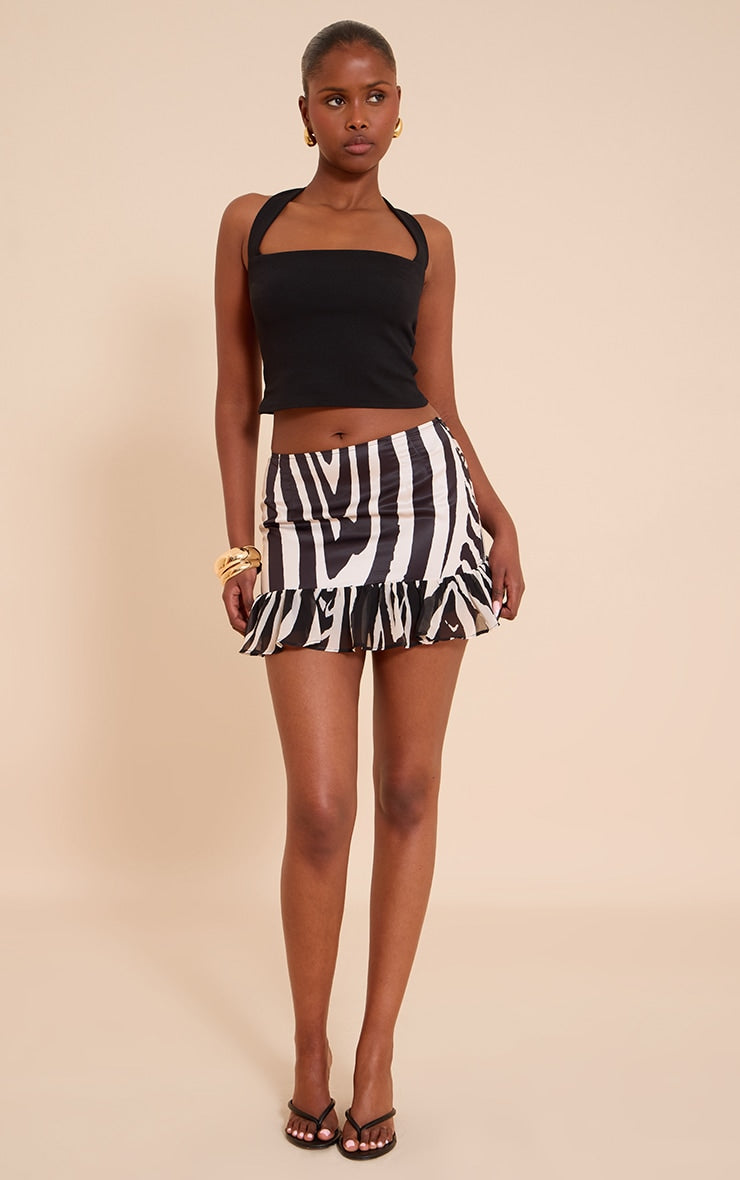 Black Satin Printed Chiffon Frill Hem Mini Skirt