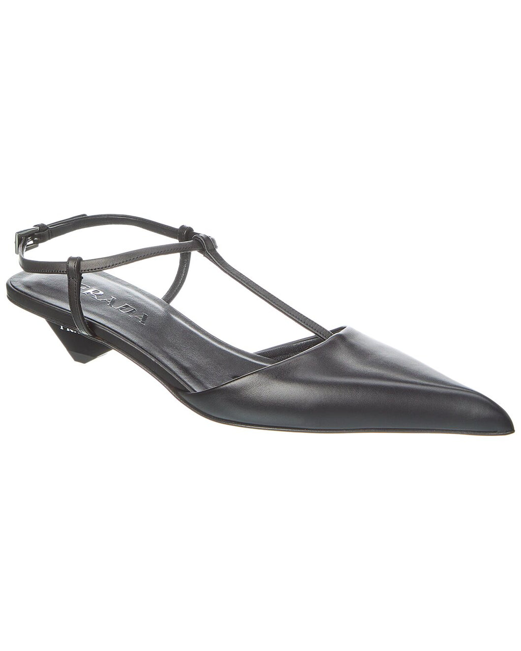 Prada Black Leather Pointed-Toe T-Strap Kitten Heels