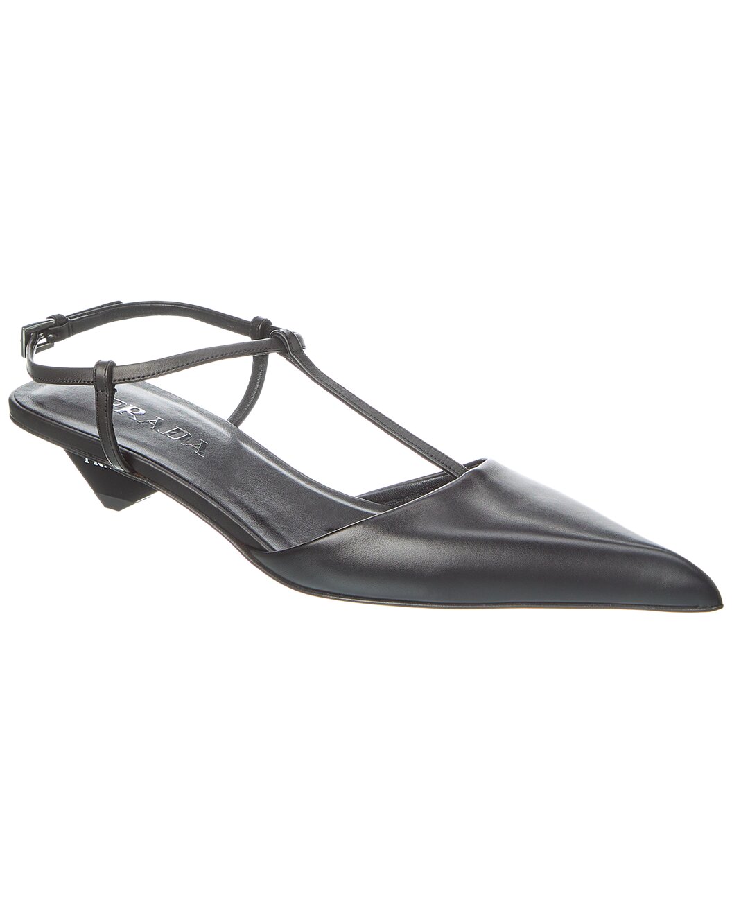 Prada Black Leather Pointed-Toe T-Strap Kitten Heels