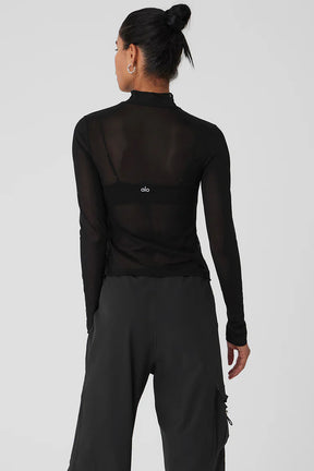 Mesh Sheer Illusion Mock Neck Long Sleeve