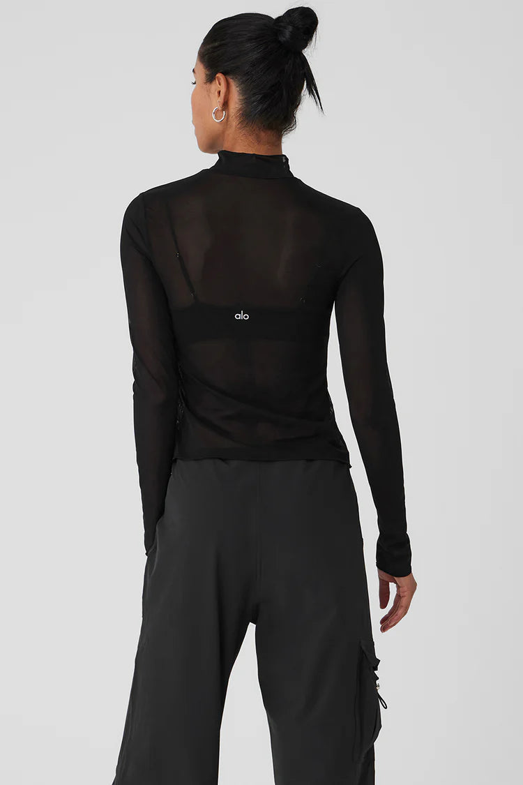 Mesh Sheer Illusion Mock Neck Long Sleeve