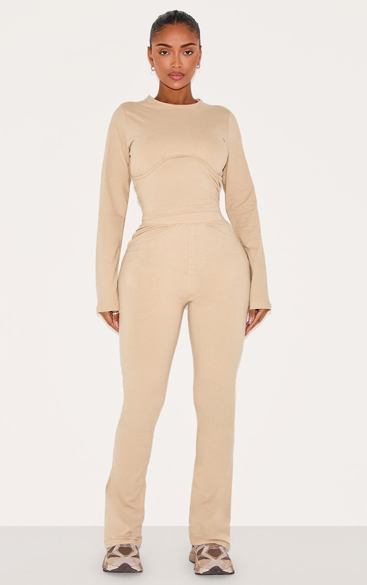 Shape Oatmeal Cotton High Waist Flared Trousers