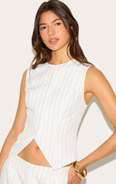 White Tailored Woven Pinstripe Cinched Waistcoat