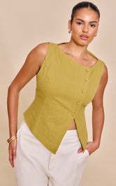Plus Olive Premium Linen Asymmetric Button Up Waistcoat