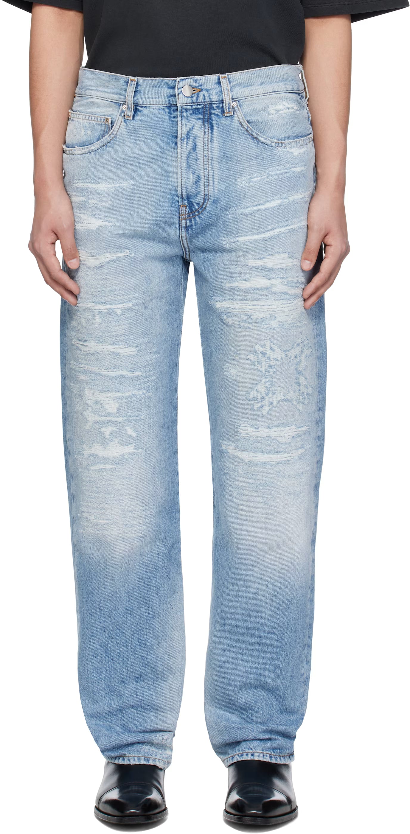 Blue 'MA' Quad Repaired Straight Jeans