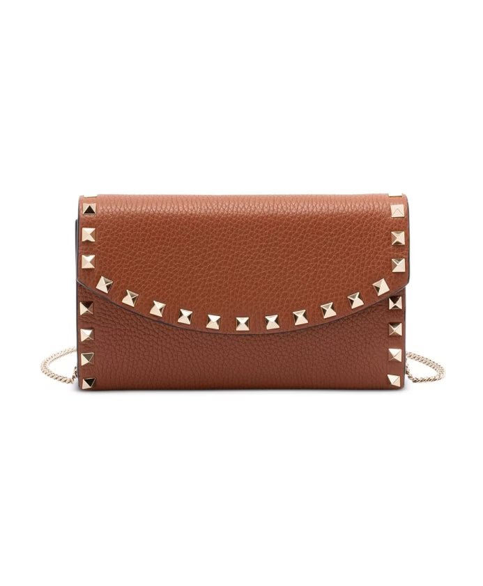 Stud Embellished Brown Leather Chain Bag