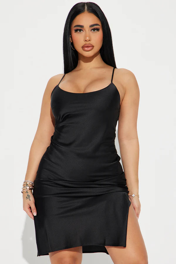 Satin Cami Midi Dress - Black