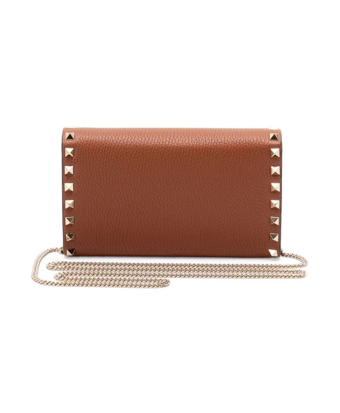 Stud Embellished Brown Leather Chain Bag