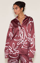 Brown Printed Oversized Satin Button Up Shirt