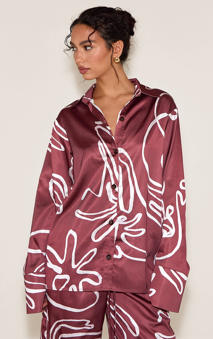 Brown Printed Oversized Satin Button Up Shirt